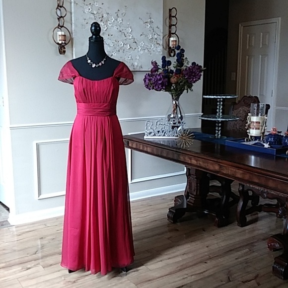Belsoie Dresses & Skirts - Belsoie Tiffany Chiffon Red Cap Sleeves Floor-length Gown. Size 8